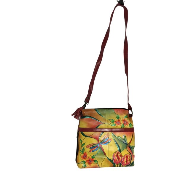 Anuschka NEVER USED Handpainted Leather Tote Shoulder Dragonfly Floral - Picture 2 of 13